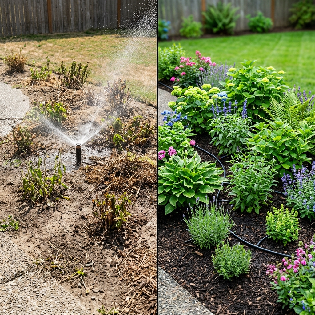 Before and after drip irrigation conversion comparison