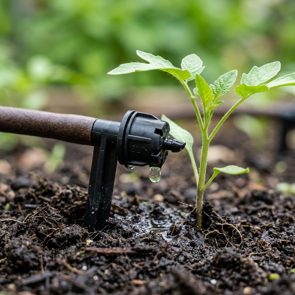 Drip irrigation emitter delivering water to plant roots
