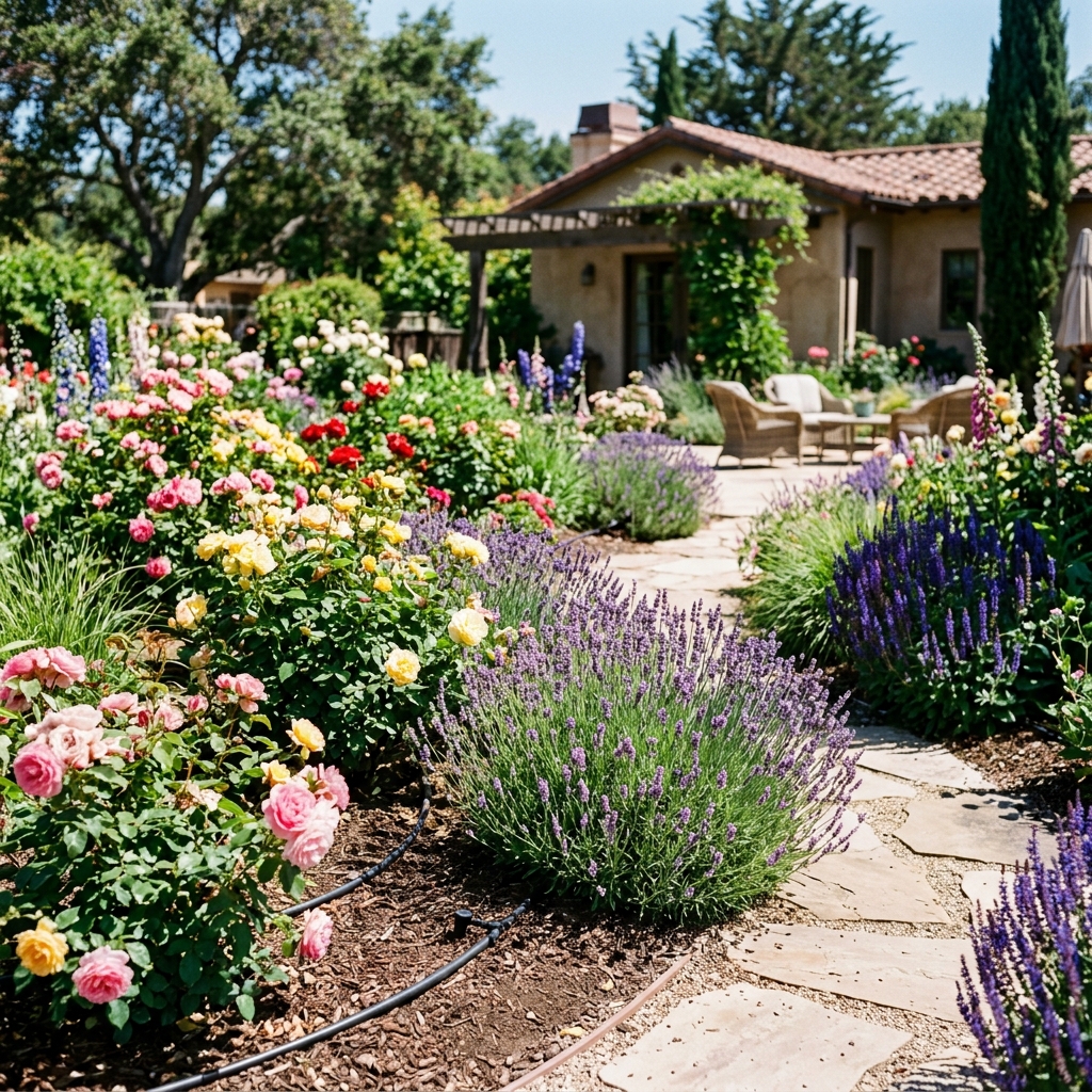 Flower garden with drip irrigation