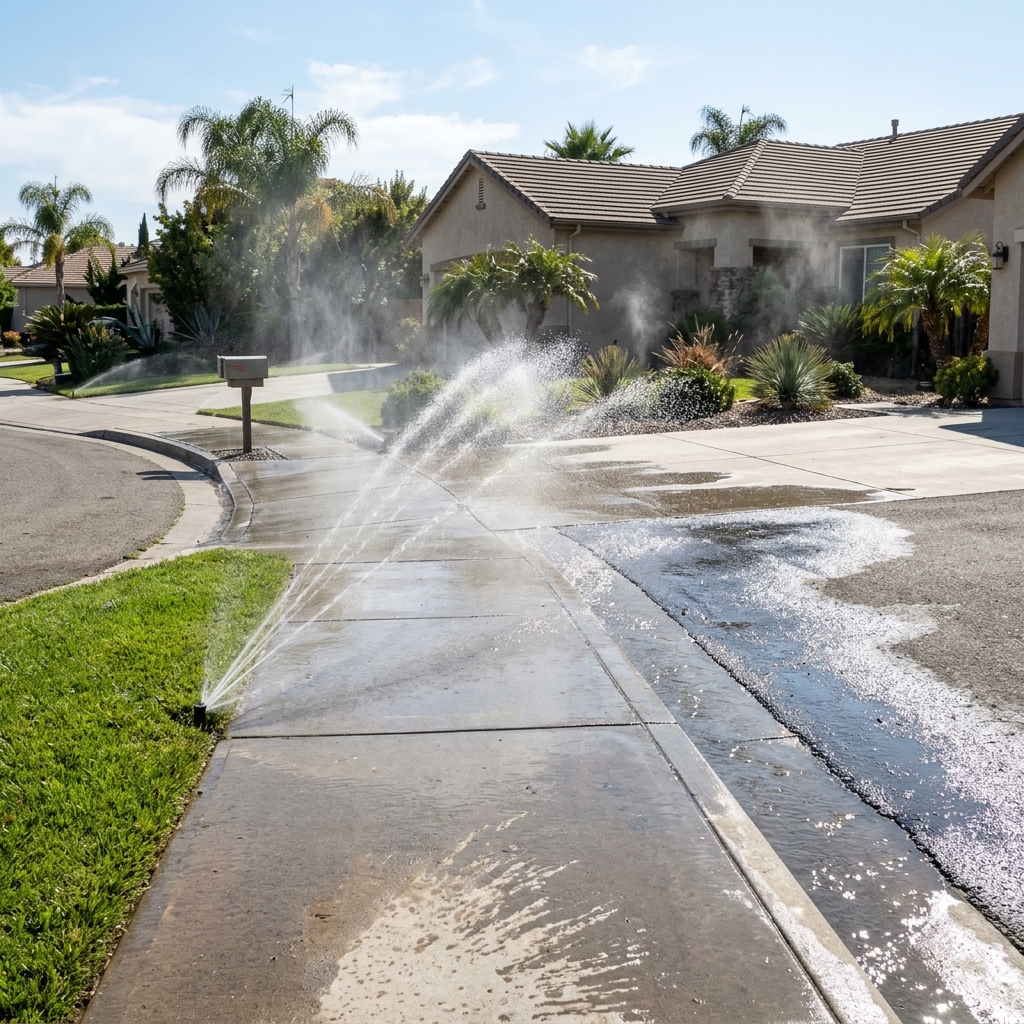 Sprinkler system wasting water on sidewalk
