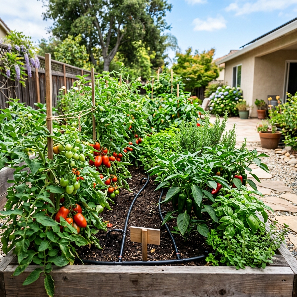 Vegetable garden with drip lines
